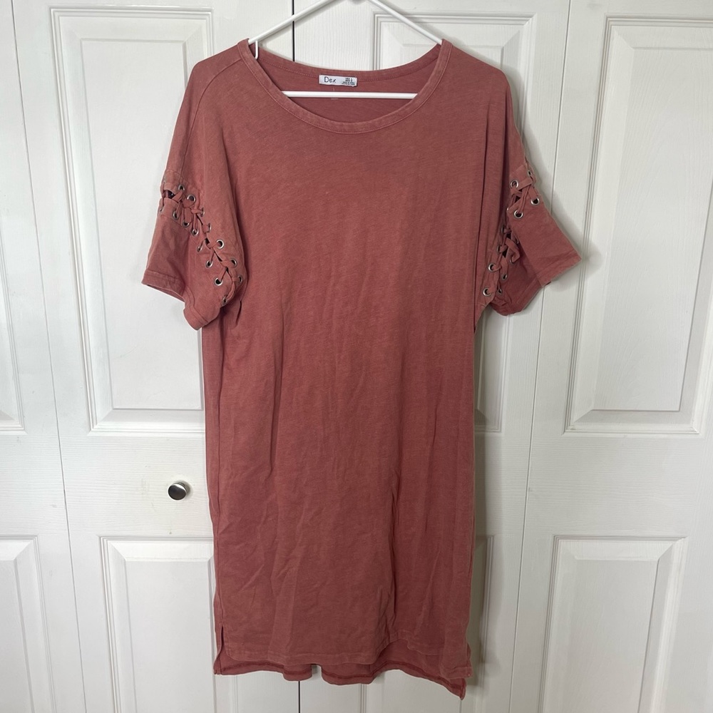 DEX Lace Up Short Sleeve Burnt Rust Sunset Orange Tunic Dress L